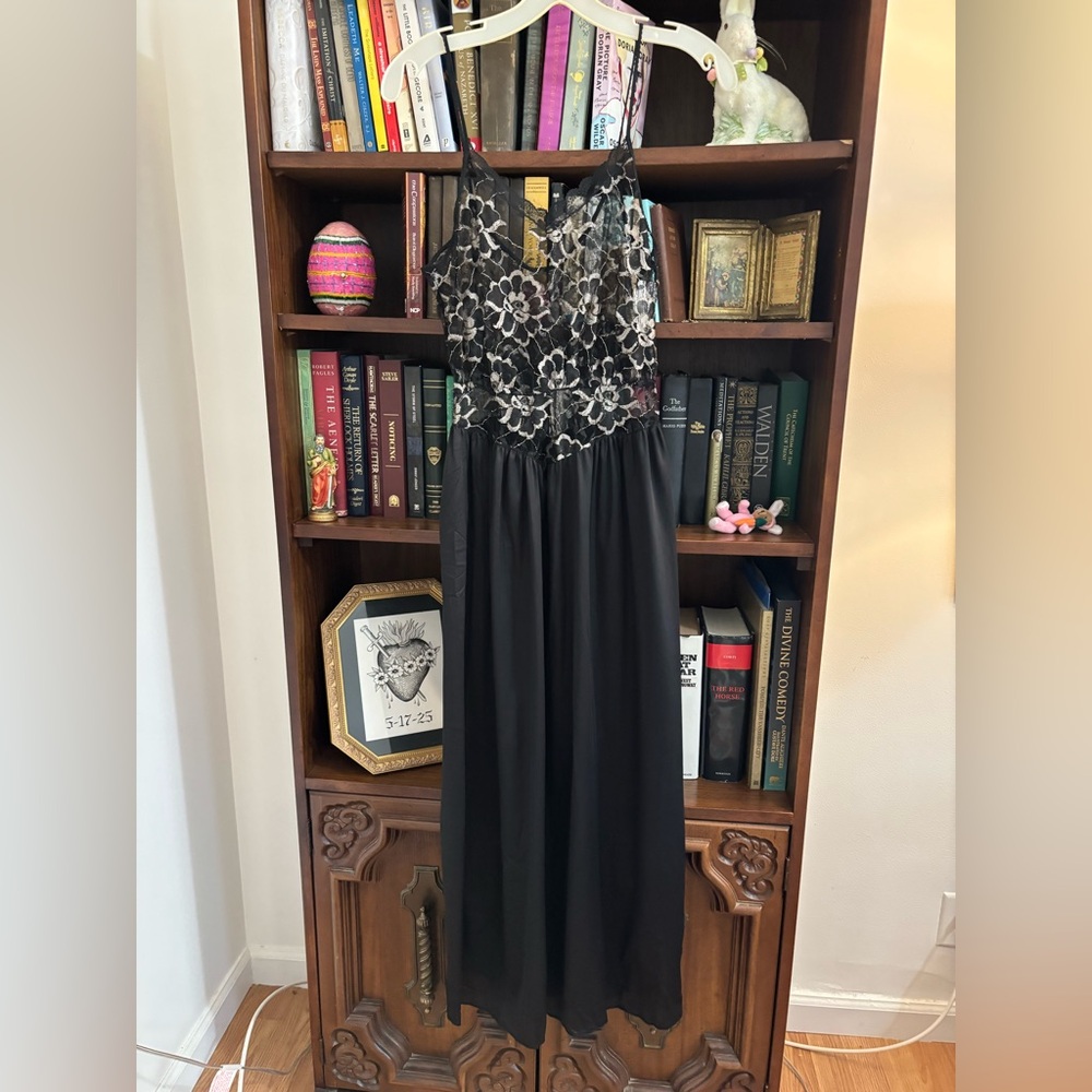 VTG 70s Lace Undercover Wear Black Chemise Maxi Dress Lingerie Nightie SZ Small